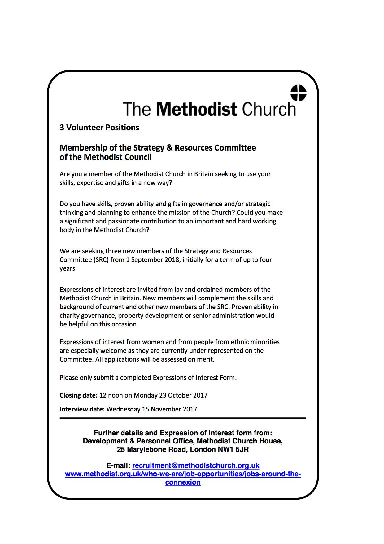 3 Volunteer Positions - Strategy & Resources Committee of the Methodist Council