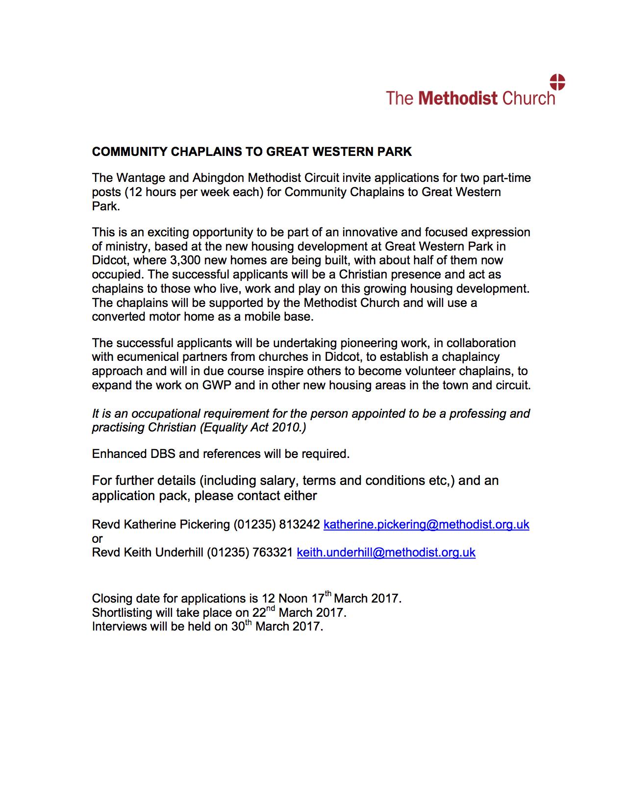 Advert - COMMUNITY CHAPLAINS TO GREAT WESTERN PARK
