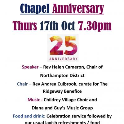 Childdrey Chapel Anniversary 25yrs - Thurs 17th Oct 2019 - 7-30pm