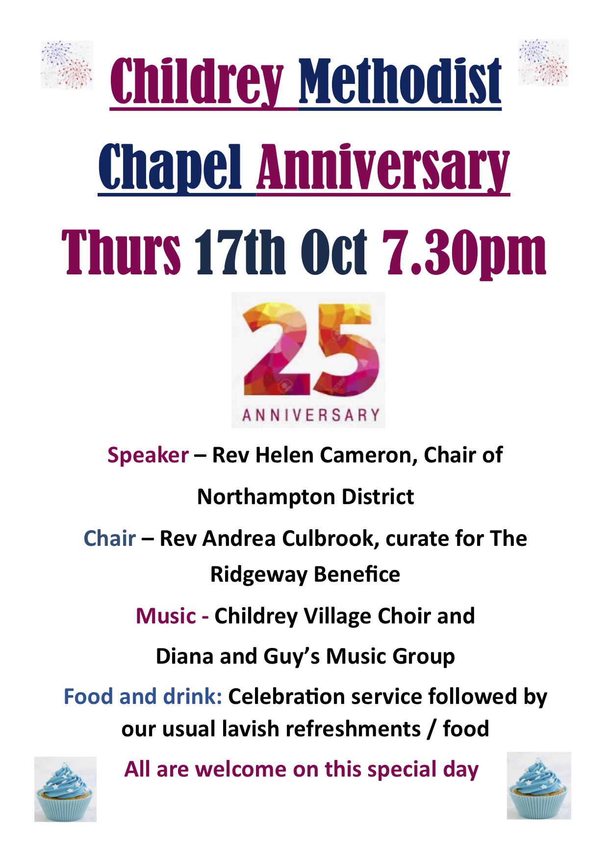 Childdrey Chapel Anniversary 25yrs - Thurs 17th Oct 2019 - 7-30pm