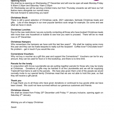 Cornerstone Friends Newsletter December 2020